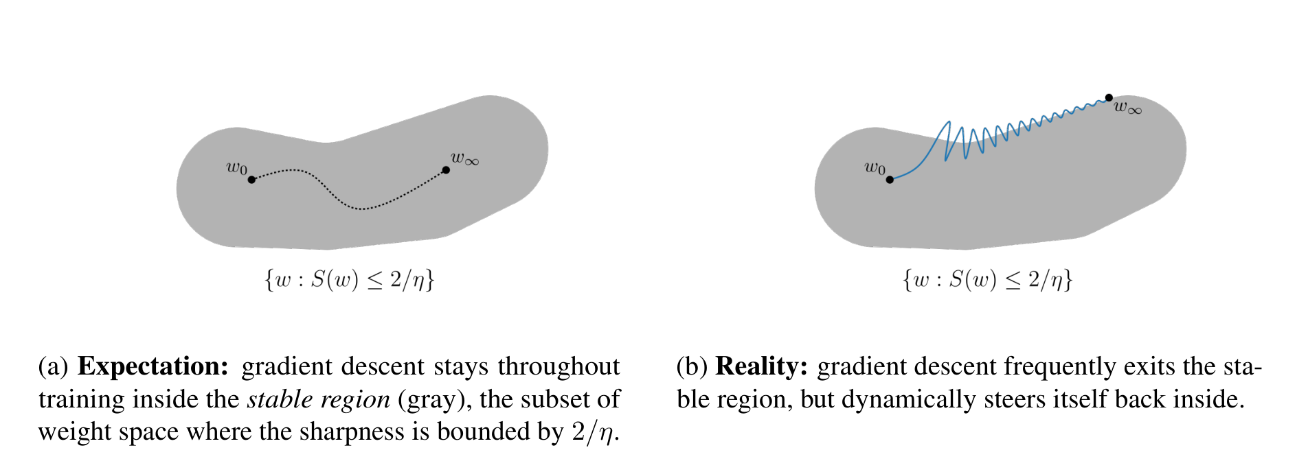Figure 4 from Cohen et al. contrasting the traditional expectation that gradient descent remains inside the stable region with the reality that it repeatedly exits and dynamically returns.